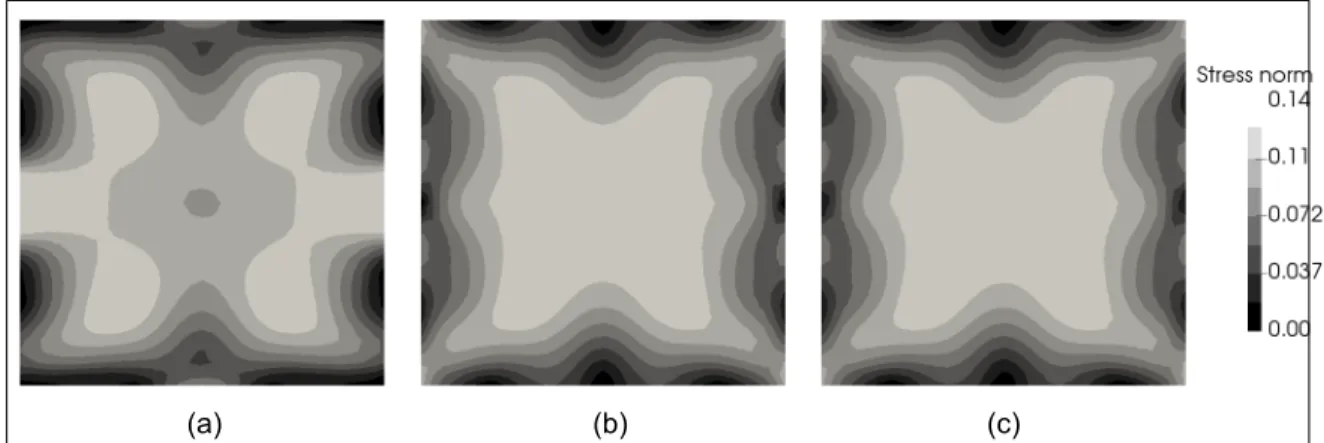 Figure 2.6. Frobenius norm of the stress tensor field for α = µ = λ = 0.5 and ∆t = 0.1 with 2 5 elements per side: (a) primal scheme, (b) mixed scheme, and (c) augmented scheme