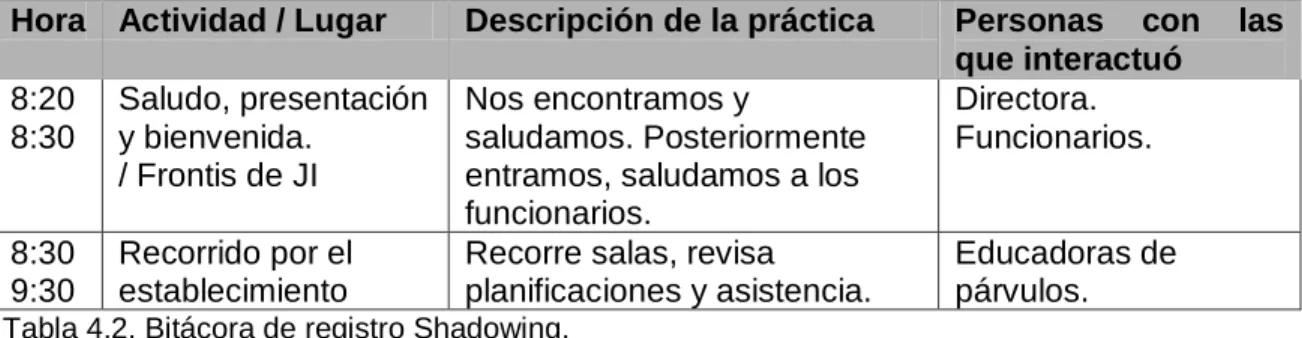 Tabla 4.2. Bitácora de registro Shadowing. 