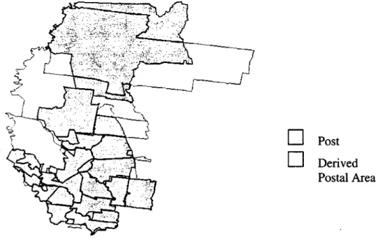 Figure 1. Illustration ofthe difference between derived postcode and actual postcode boundaries in the North West Melboume health division.
