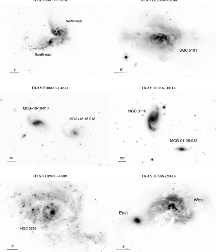 Figure 5. Fields around IRAS 08572 +3915 (HST F435W; 3 arcsec  3.8 kpc), IRAS F09320+6134 (HST F435W; 5 arcsec  4.1 kpc), IRAS F09333+4841 (SDSS r band; 15 arcsec  8.0 kpc), IRAS F10015−0614 (Spitzer/IRAC 3.6 µm; 20 arcsec  6.9 kpc), IRAS 10257−4339 (H