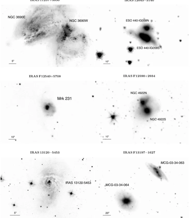 Figure 6. Fields around IRAS 11257 +5850 (HST F435W; 5 arcsec  1.1 kpc), IRAS 12043−3140 (Spitzer/IRAC 3.6 µm; 10 arcsec  4.9 kpc), IRAS F12540 +5708 (SDSS g band; 10 arcsec  8.8 kpc), IRAS F12590+2934 (Spitzer/IRAC 3.6 µm; 10 arcsec  5.1 kpc), IRAS 13