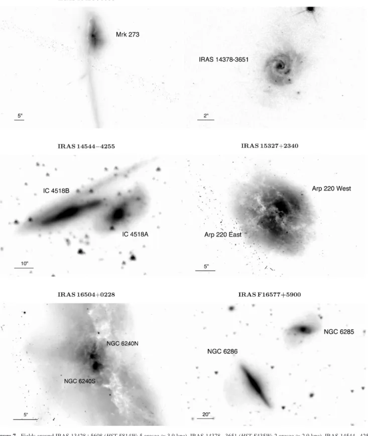 Figure 7. Fields around IRAS 13428 +5608 (HST F814W; 5 arcsec  3.9 kpc), IRAS 14378−3651 (HST F435W; 2 arcsec  2.9 kpc), IRAS 14544−4255 (Spitzer/IRAC 3.6 µm; 10 arcsec  3.3 kpc), IRAS 15327+2340 (HST F814W; 5 arcsec  2 kpc), IRAS 16504+0228 (HST F814W