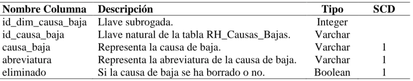 Tabla 5: Atributos de la tabla de mini dimensiones mini_dim_causa_baja. 