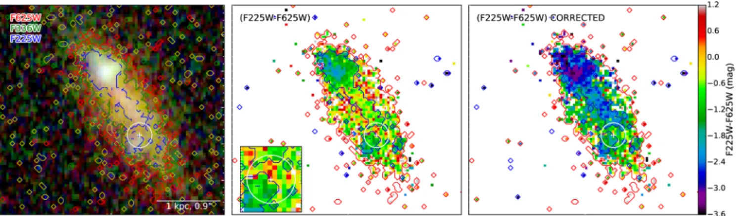 Figure 2. Colour maps for the host galaxy of PTF 11hrq. Left: an HST composite colour image