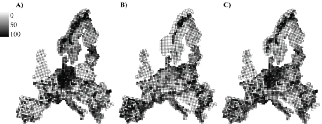 Figure 1. Proportions of protected areas included in the World Database on Protected Areas (A), the NATURA 2000 network (B) and both networks combined (C) in 50 × 50 km UTM grid cells covering continental Western Europe and Great Britain