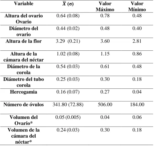 Tabla I. Medias aritméticas (desviaciones estándar) de las variables que caracterizan a las flores de la  población estudiada de Melocactus guitartii