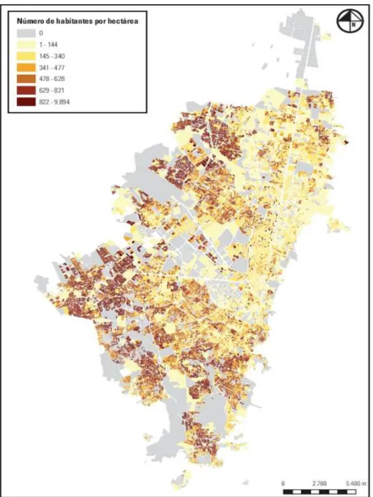 Gráfico 2. Gradiente de Clark para Bogotá. Fuente: (Beuf, 2016, p.208) 