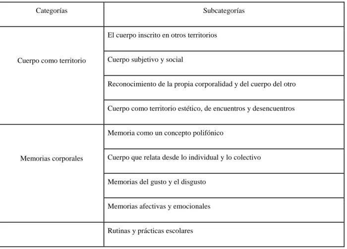 Tabla 2: Categorías y subcategorías 