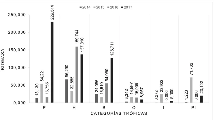 Figura  9.  Biomasa  por  los  grupos  tróficos  por  año  donde  P:  planctívoros,  H: 