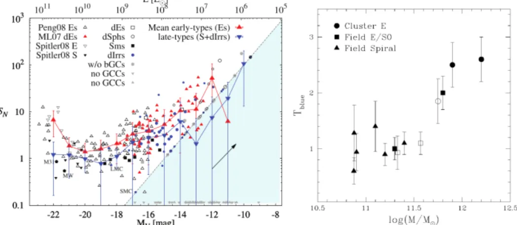 Figure 5: Left panel: Specific frequency S N versus absolute galaxy magnitude M V for different galaxy masses, morphologies and environments (Georgiev et al., 2010 )