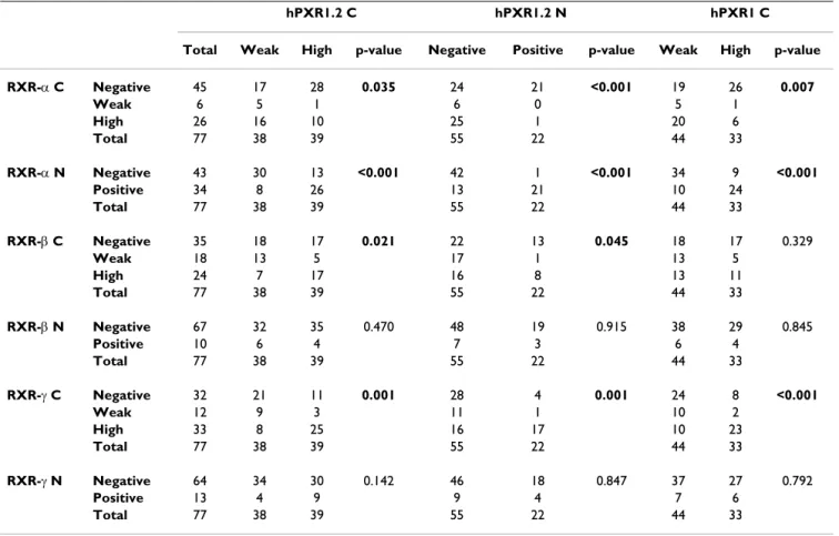 Table 2: Fisher's exact test between the expression of the different isoforms of hPXR and that the retinoid receptors in infiltrative  carcinomas.