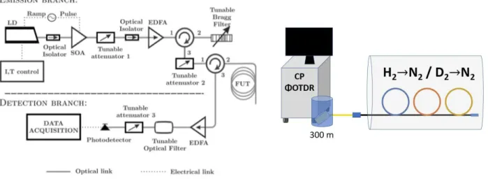 Figure 1. Left: optical setup of the interrogating system; Right: experimental distribution of the sample fibers in the reactor