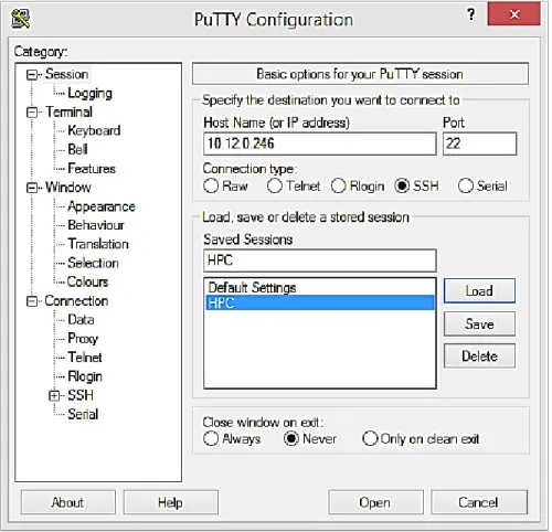 Figura 2.1: Interfaz del PuTTY y opciones de configuración para el acceso SSH. Fuente (Software PuTTY) 