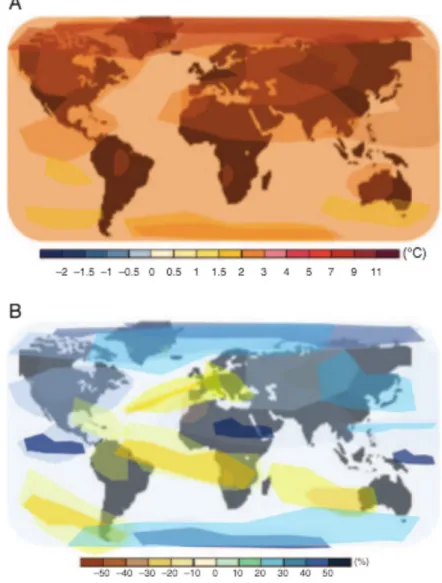 Figure 4. Prediction of changes in average surface temperature (A) and rainfall (B)  by  the  year  2100