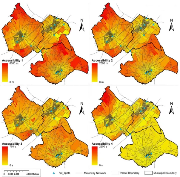 Figure  3.  Accessibility  maps:  each  legend  shows  the  accessibility  metric  that  is  being  represented (1,2,3,4)