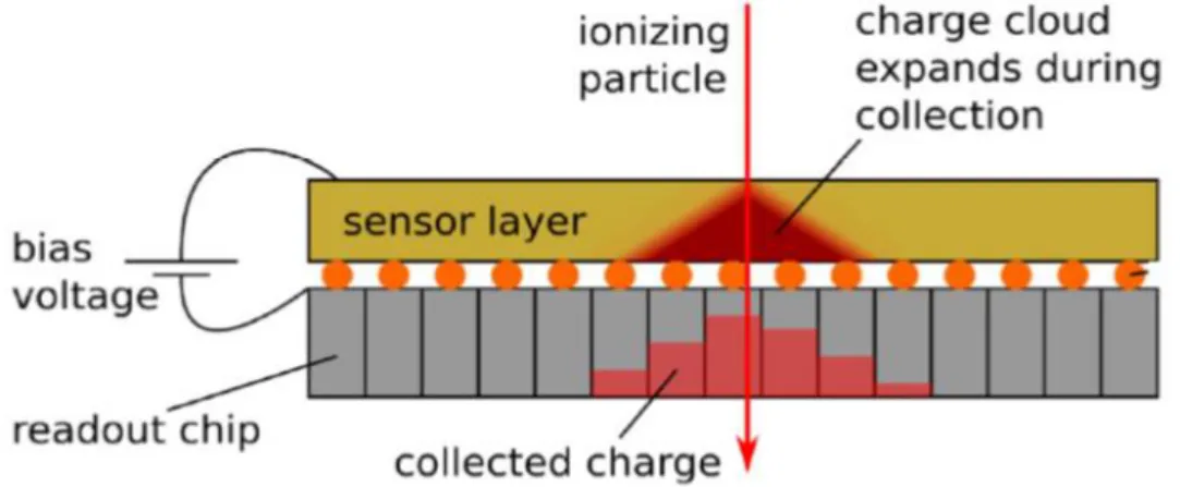 Figure 3.4 Schematic illustration of the cluster formation in which it is shown  the  charge  sharing  effect  in  the  surrounding pixels  of  the impinging point