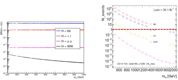 Figure 7.1: Most relevant MSSM heavy Higgs branching ratios (left) and number of events predicted for these modes (right).