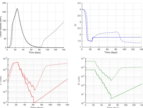Figure 4.5: Evolution of relevant tumor quantities with radiotherapy treatment simulated with set A2 (solid line) and set B2 (dash-dotted line)
