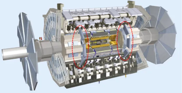 Figure 1.1: Location of the Small Wheels in the ATLAS experiment. Alongside the Big and Outer Wheels, these detectors measure the momenta of the muons along the endcap region.