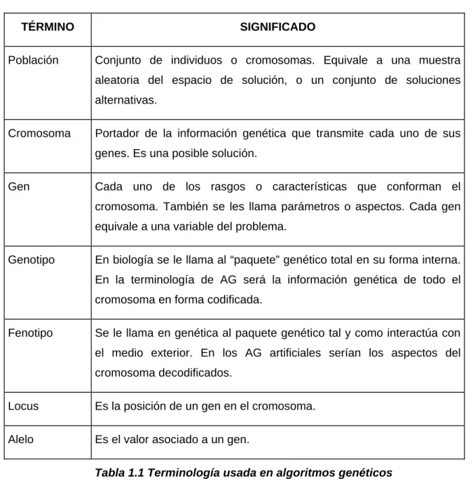 Tabla 1.1 Terminología usada en algoritmos genéticos 