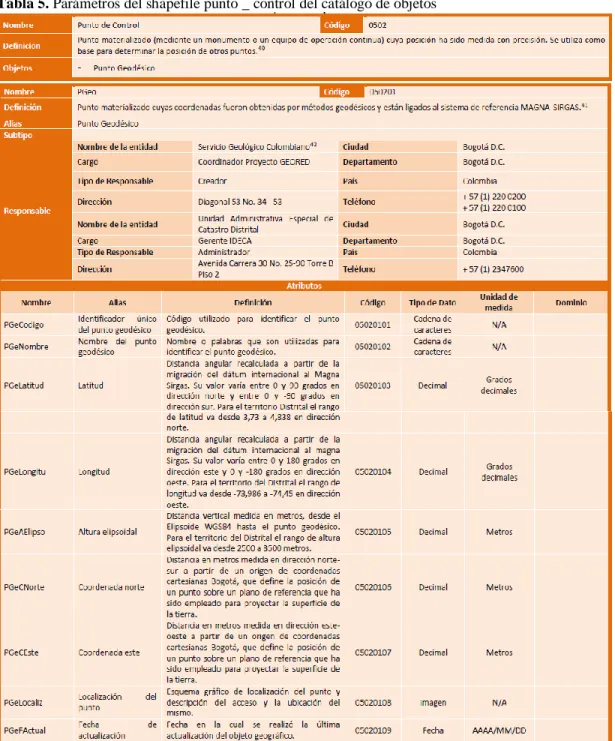 Tabla 5. Parámetros del shapefile punto _ control del catálogo de objetos 