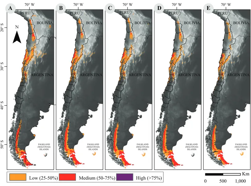 Figure 1 Current and projected distribution model of guanaco lineages in South America