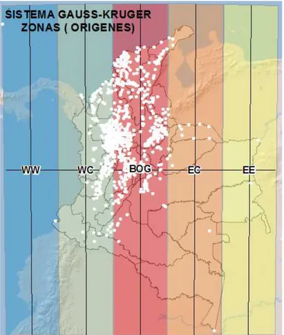 Ilustración 7: Zonas Orígenes en Colombia sistema Gauss-Kruger.   Fuente: (IGAC, 2004)