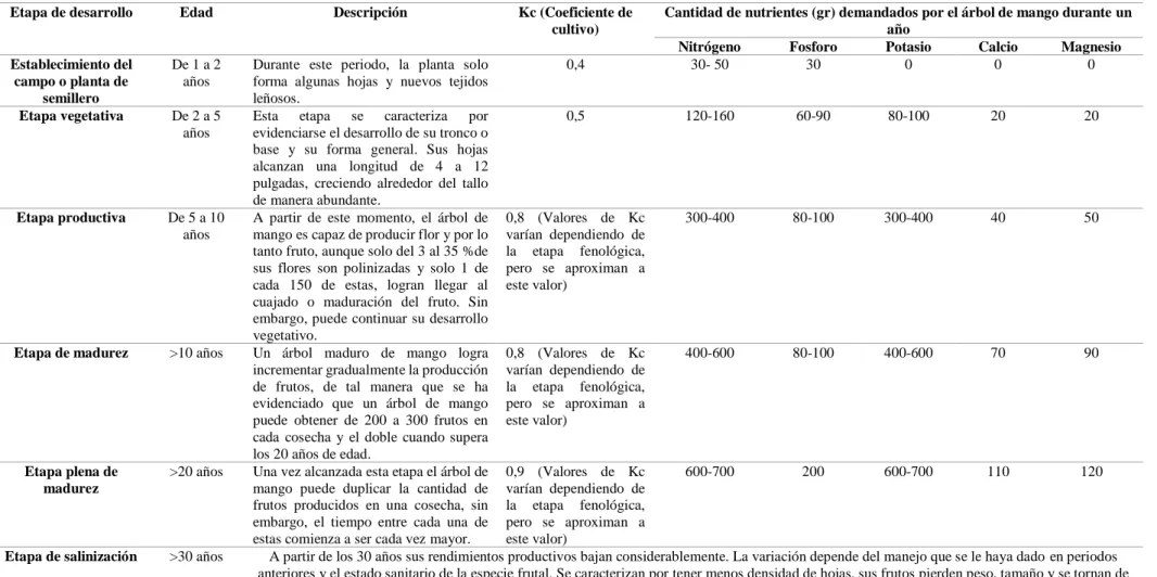 Tabla de etapas de desarrollo del mango y datos asociados. 
