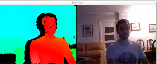 Figura 2.4: Ejemplo de representación de datos obtenidos con la cámara RGB y representación del mapa de profundidad a través de la librería Libfreenect.