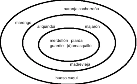 Figura 3. Representación de una muestra del léxico local de Málaga basado en ondas concéntricas según la frecuencia de uso (Ávila Muñoz 2017)