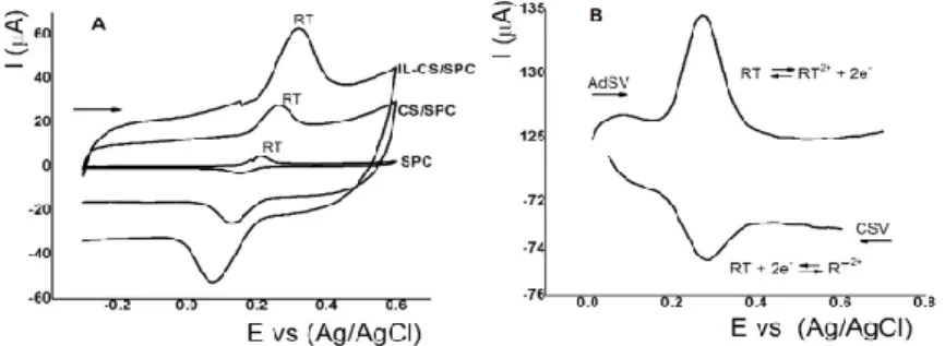 Figure 3A shows the cyclic voltammograms for RT (35.0 μmol L –1 ) at 0.10 V s −1  in pH 2.5 with PBS,  using SPC, CS/SPC, and IL‐CS/SPC electrodes