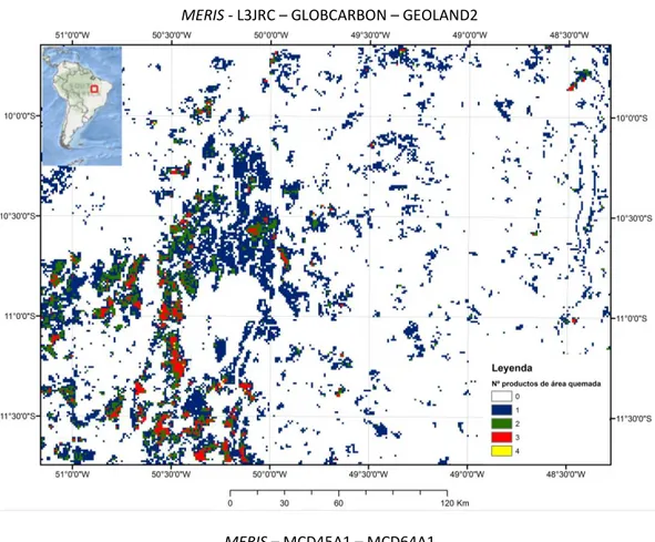 Figura Nº 17 Área quemada detectada por producto MERIS, Europeos y MODIS en SS03 (año  2006)