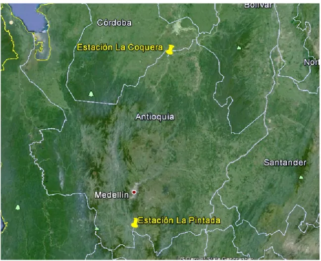 Ilustración 11: Ubicación de la estaciones en el Departamento de Antioquia (Fuente Google  Earth, tomada por la autora 21/03/15)   