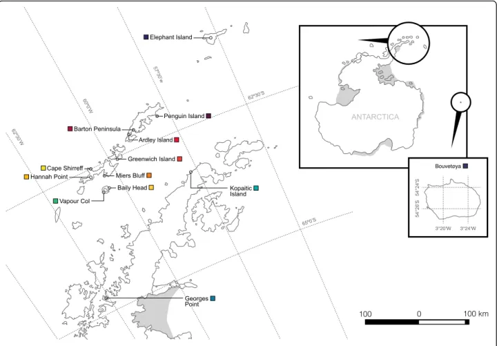 Fig. 1 Chinstrap penguin sampled sites during this study (total n = 251)