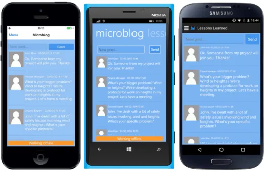 Figure 8. Native, yet similar, Microblog UIs for iOS, Windows Phone, and Android.