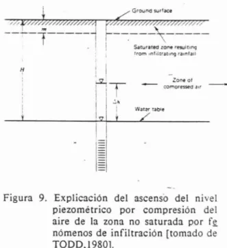 Figura 9. Explicación del ascenso del ni vel piezométrico por compresión del aire de la zona no saturada por f~