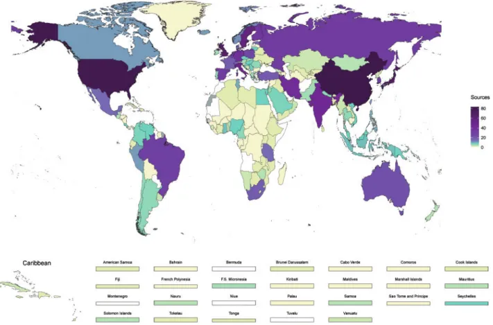 Figure 2. Number of blood pressure data sources from 1985 to 2016 used in the analysis, by country.
