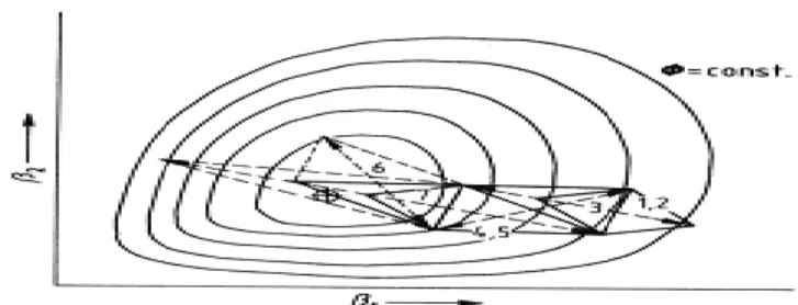Figura  2.3:  Representación  del  Método  Simplex  con  geometría  variable.  Los  números  representan  los  números de reflexión, expansión o contracción.
