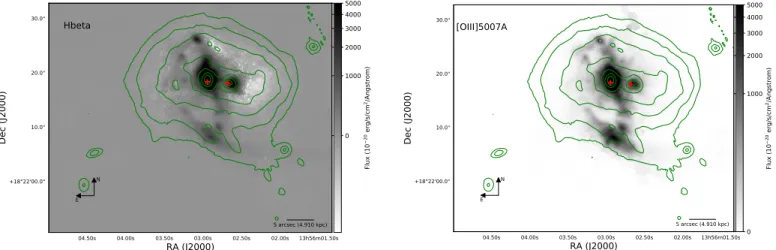 Figure 2. Flux distributions (grayscale) for the Mrk 463 system in the Hβ 4861 Å(left panel, ranging from −5×10 −18 to 5 ×10 −17 erg cm −2 s −1 to include the absorption features ) and [O III ] 5007 Å(right panel) atomic transitions