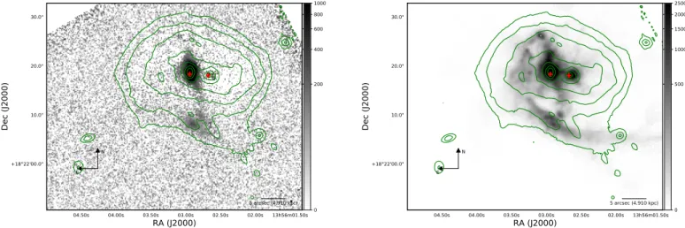 Figure 7. Flux maps for the He II 4685 Å(left panel) emission line and for the [S II ] 6717/31 Ådoublet (right panel) obtained from the VLT/MUSE IFU data cubes.