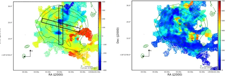 Figure 12. Left panel: velocity map for the [O III ] 5007 Åline, measured in km s −1 relative to the systemic velocity at the redshift of the system (z=0.050355).
