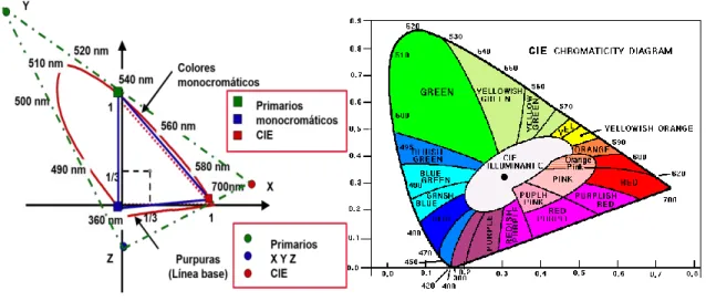 Figura 2.14. Triángulo de Maxwell y diagrama cromático sobre el espacio de coeficientes  triestímulo y representación de los primarios CIE monocromáticos y XYZ en el diagrama 