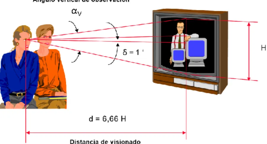 Figura 2.4. Ángulo vertical de observación y distancia de visionado. 
