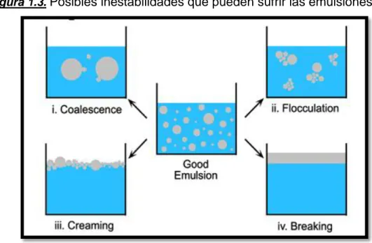 Figura 1.3.  Posibles inestabilidades que pueden sufrir las emulsiones.  