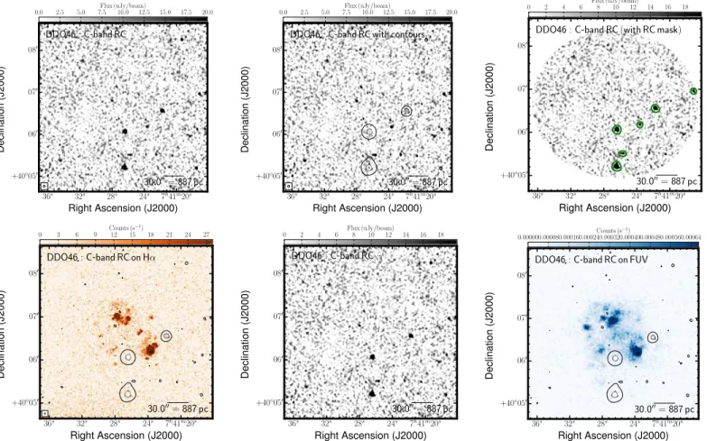 Figure 15. Multiwavelength coverage of DDO 46 displaying a 4 0 ×4 0 area. We show the total RC ﬂux density at the native resolution (top left) and again with contours (top center)
