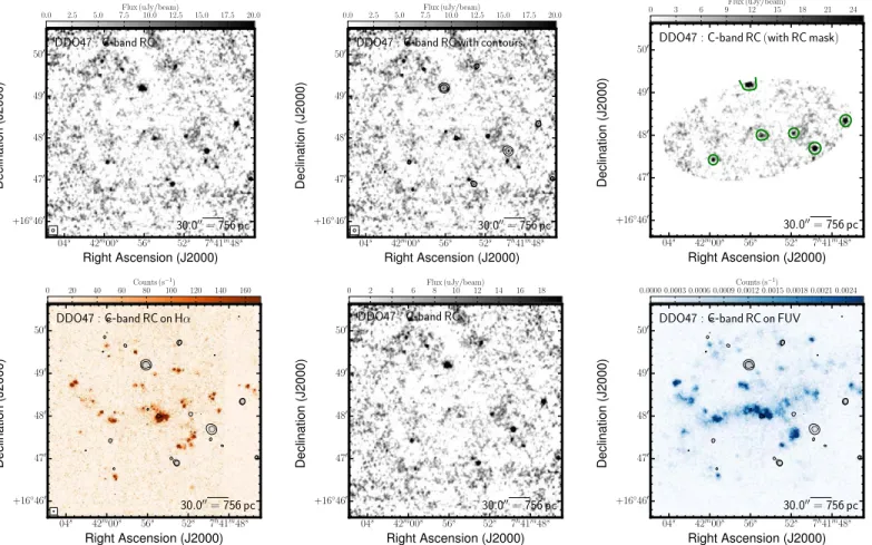 Figure 16. Multiwavelength coverage of DDO 47 displaying a 5 0 ×5 0 area. We show the total RC ﬂux density at the native resolution (top left) and again with contours (top center)