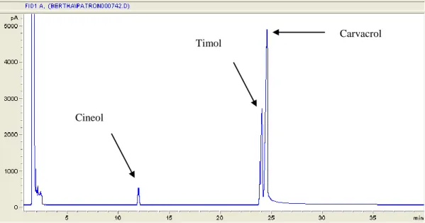 Figura 6. Cromatograma de la disolución de patrón de timol y carvacrol con su estándar  interno: cineol