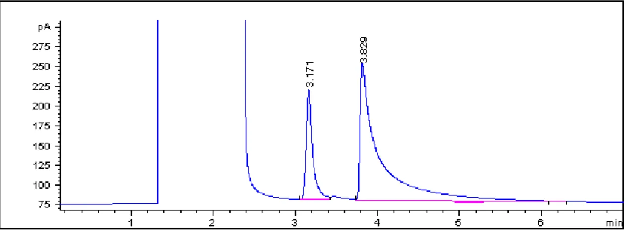 Figura 9: Cromatograma de G-0 disuelto en etanol a 1 000 mg/L con benzoato de etilo como estándar interno.