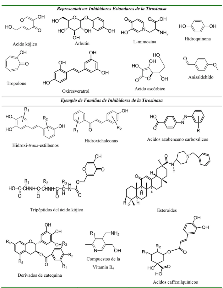 Figura 2.1. Muestra aleatoria, pero no exhaustiva, de las familias de los compuestos inhibidores de la tirosinasa estudiados  aquí y algunos fármacos de referencia