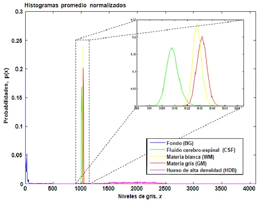 Figura 2.3. Histogramas promedio normalizados para las clases normales en las imágenes  de tomografía computarizada de cerebro.